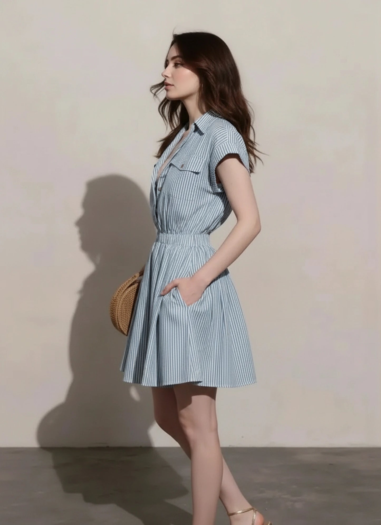 Blue striped half button mini dress women
