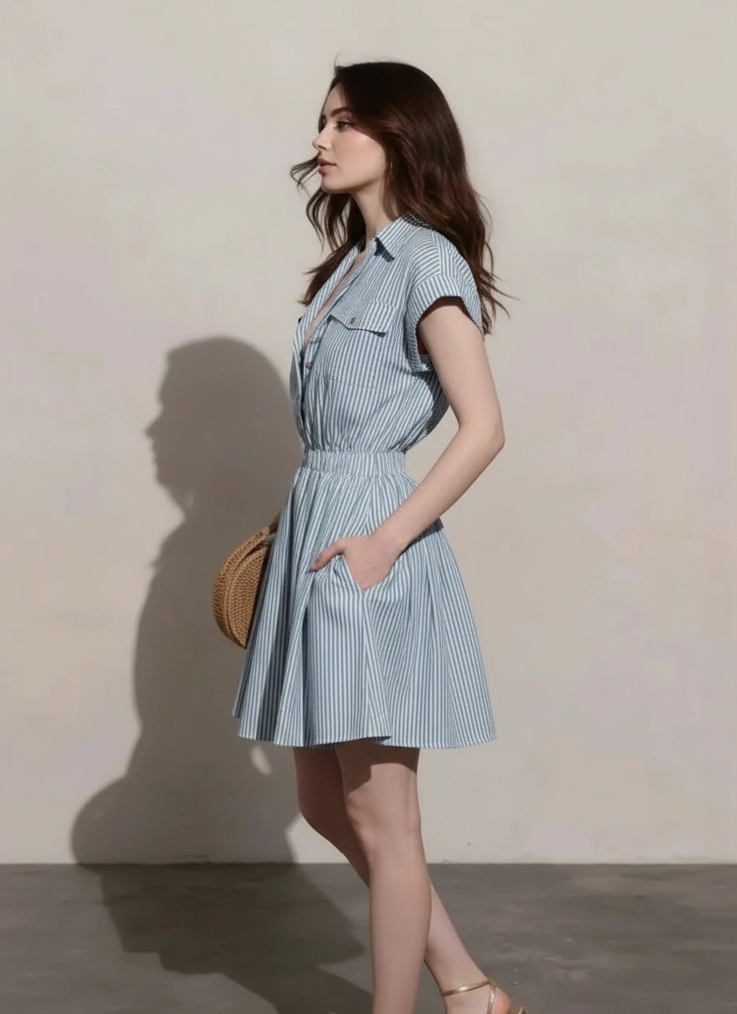 Blue striped half button mini dress women