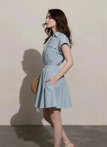 Blue striped half button mini dress women