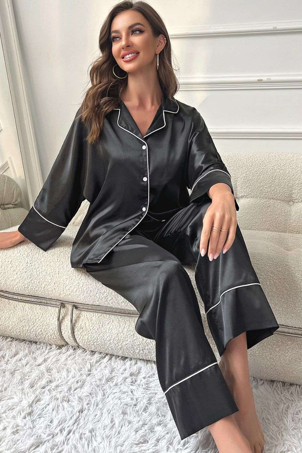 Contrast Piping Button-Up Top and Pants Pajama Set WESTCLOSET