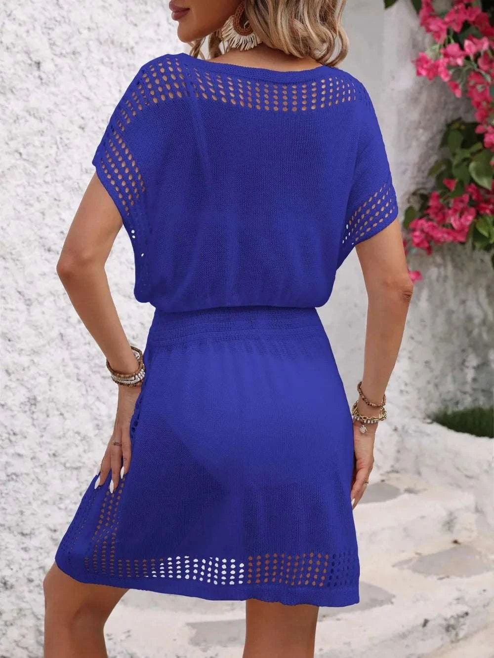 Openwork V-Neck Short Sleeve Cover-Up Dress WESTCLOSET