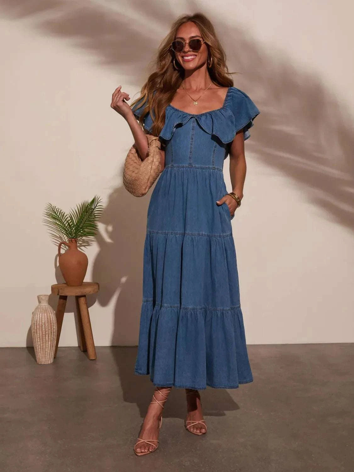 Off Shoulder Ruffle Tiered Denim Dress WESTCLOSET