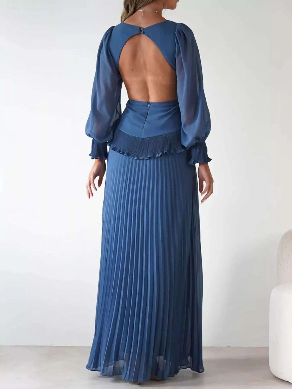 Backless Pleated Long Sleeve Maxi Dress WESTCLOSET