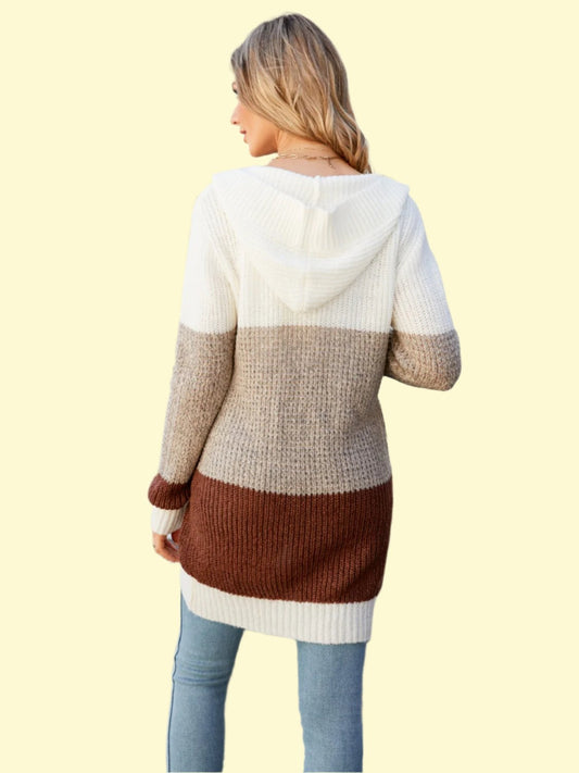 Color Block Open Front Hooded Cardigan