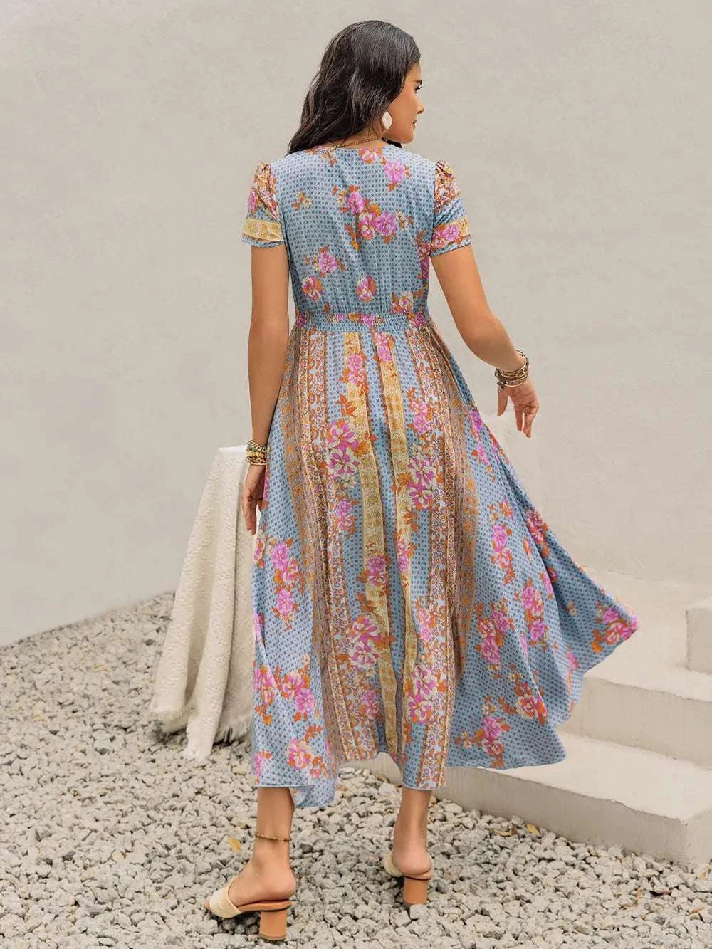 Smocked Floral V-Neck Short Sleeve Midi Dress WESTCLOSET