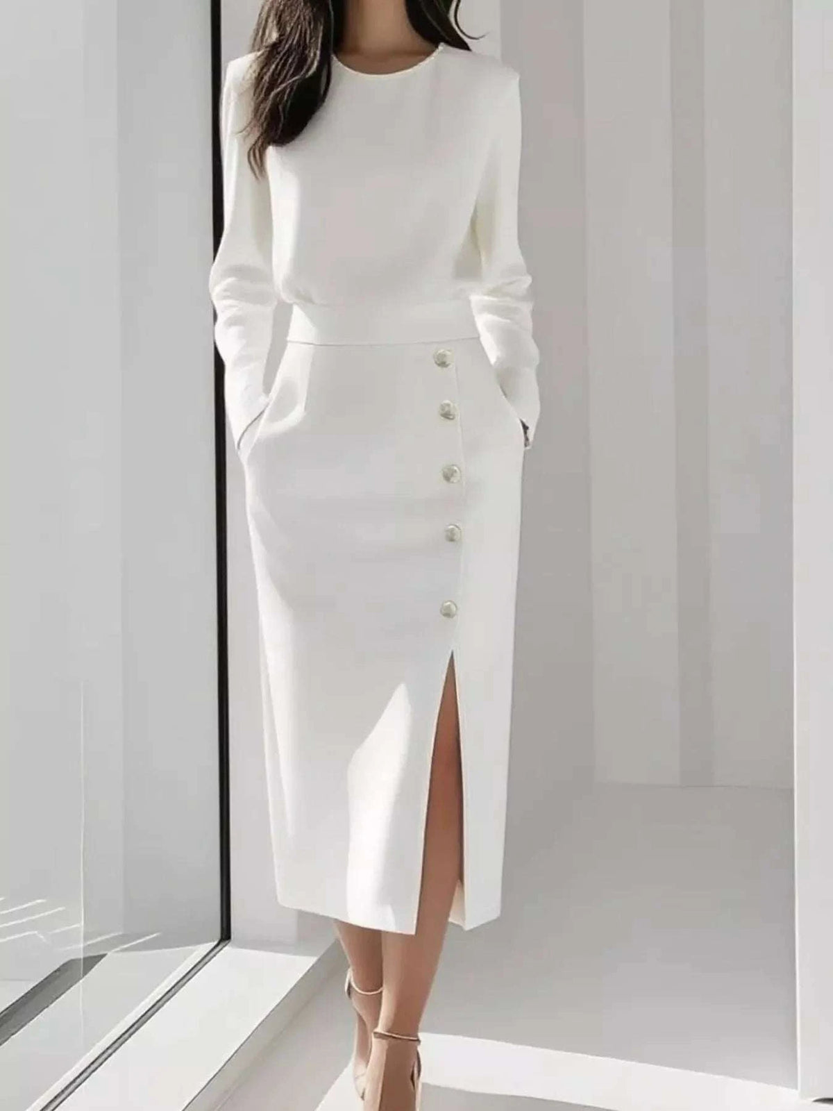 Long Sleeve Button Detail Midi Dress with Side Slit WESTCLOSET