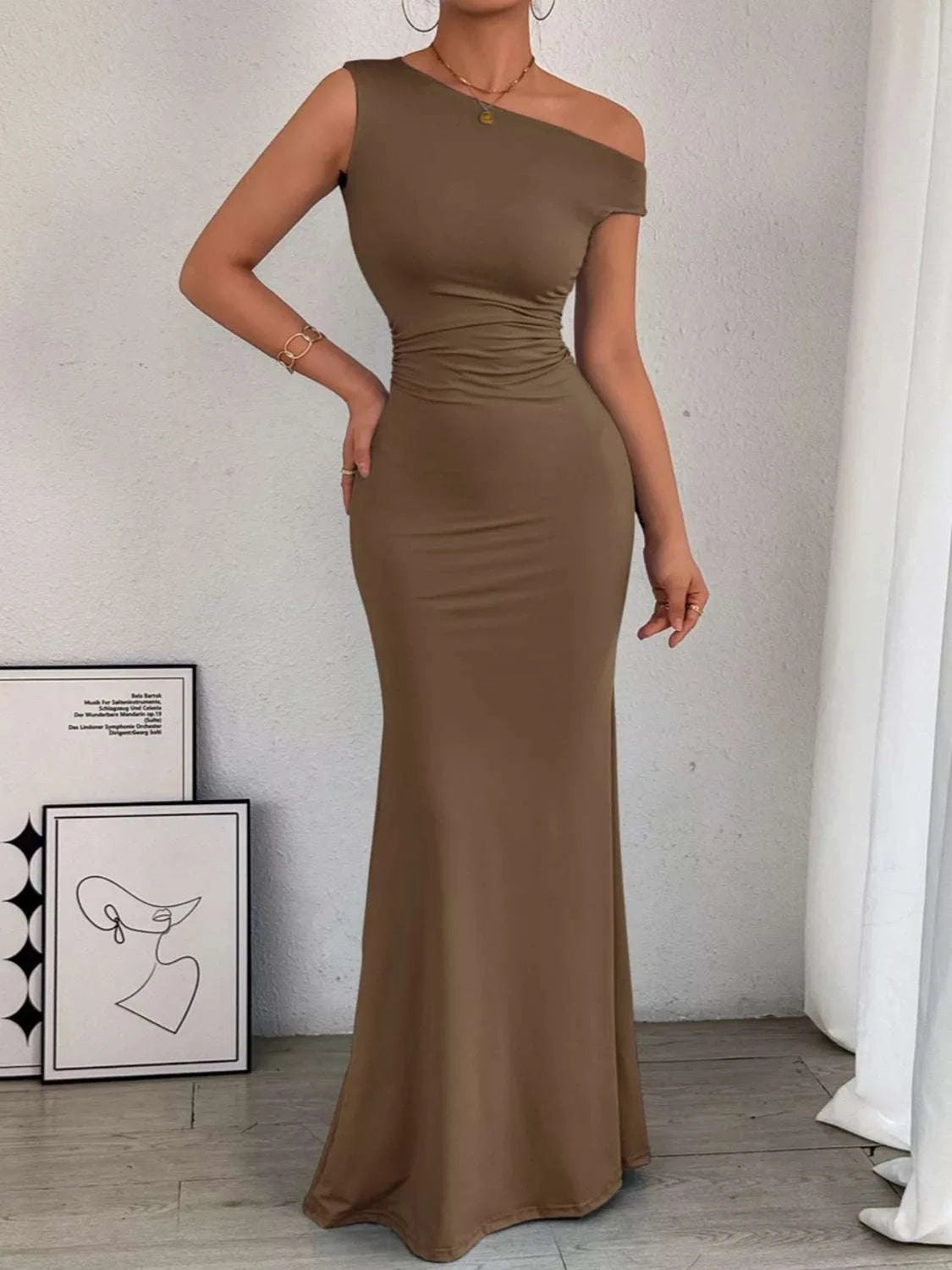 One-Shoulder Ruched Bodycon Maxi Dress WESTCLOSET
