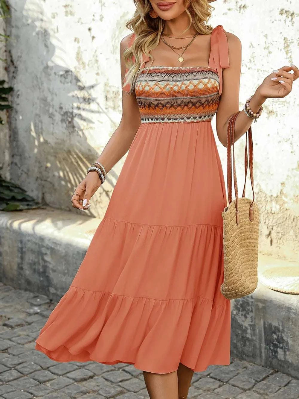Tie Shoulder Square Neck Tiered Midi Dress WESTCLOSET