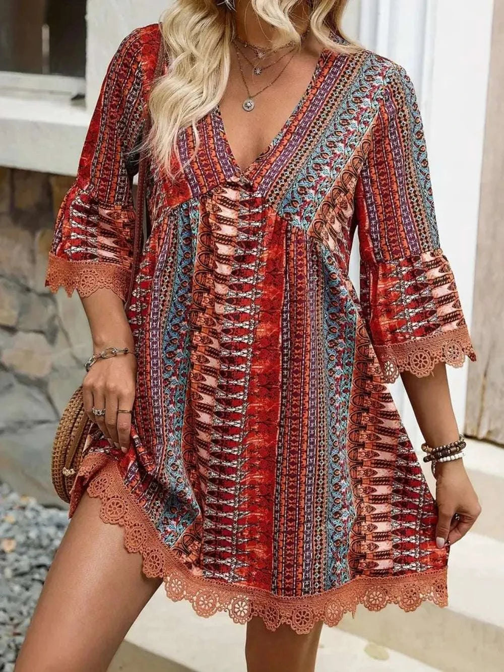 Lace Trim Printed V-Neck 3/4 Sleeve Dress WESTCLOSET