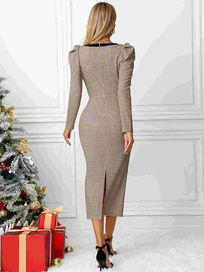 WestCloset Bow Plaid Square Neck Puff Sleeve Dress 