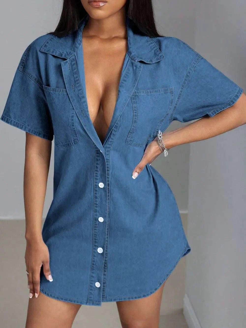 Button Down Collared Neck Denim Dress WESTCLOSET