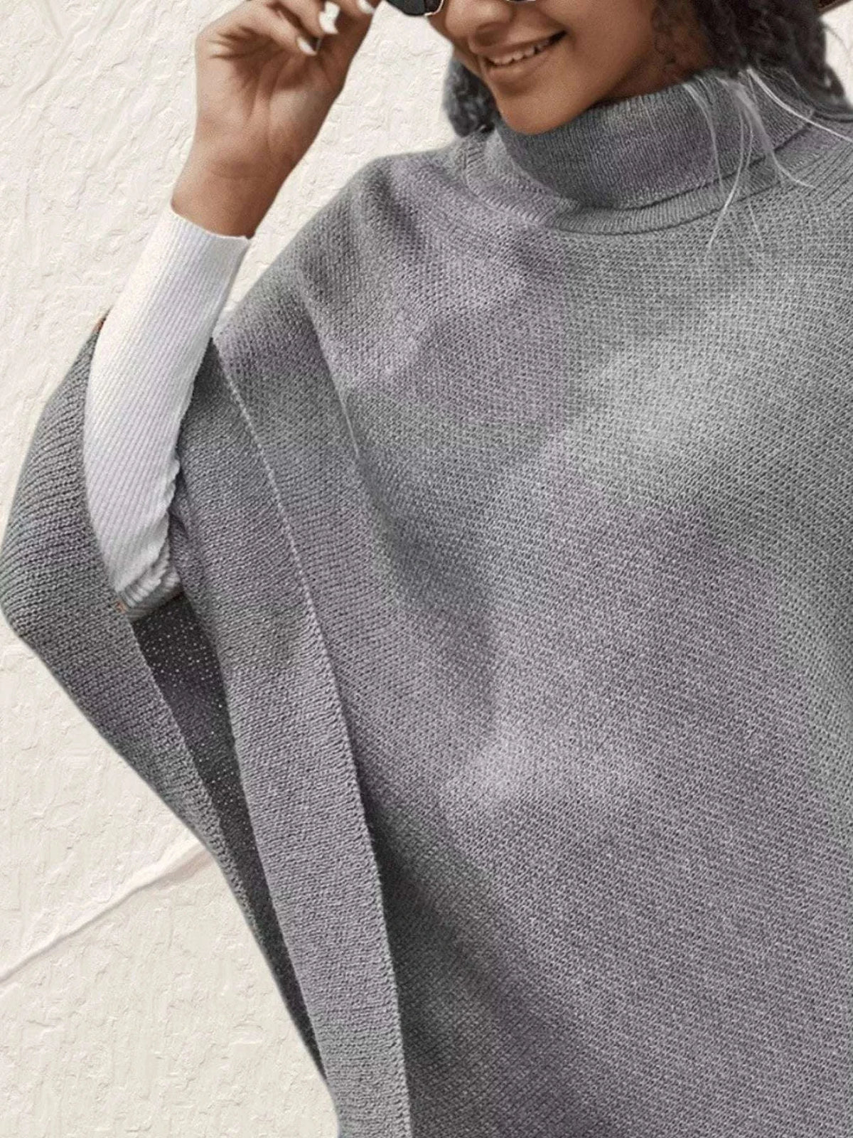 Button-Decor Turtleneck Poncho Pullover WESTCLOSET