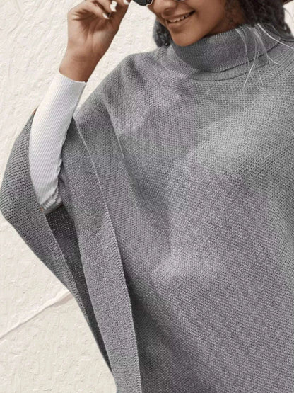 Button-Decor Turtleneck Poncho Pullover WESTCLOSET