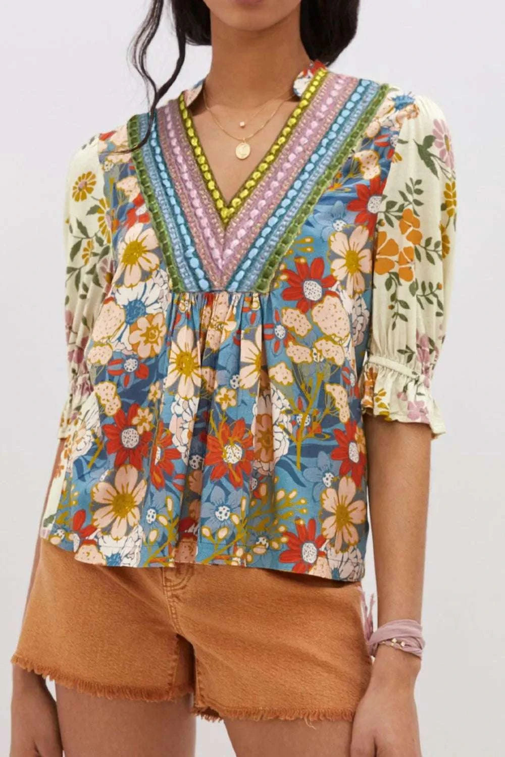 Multicolour Crochet V Neck Half Sleeve Boho Floral Blouse WESTCLOSET