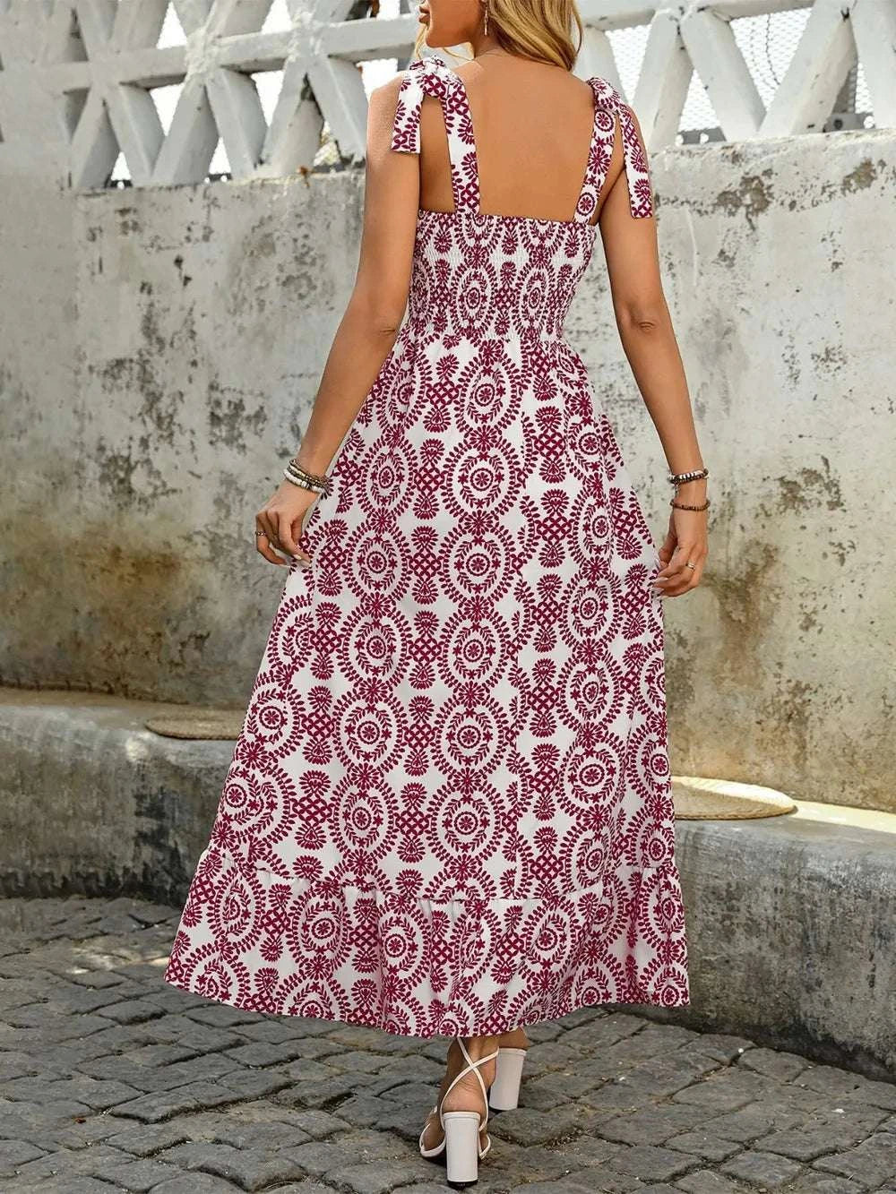 Smocked Slit Printed Tie Shoulder Dress WESTCLOSET