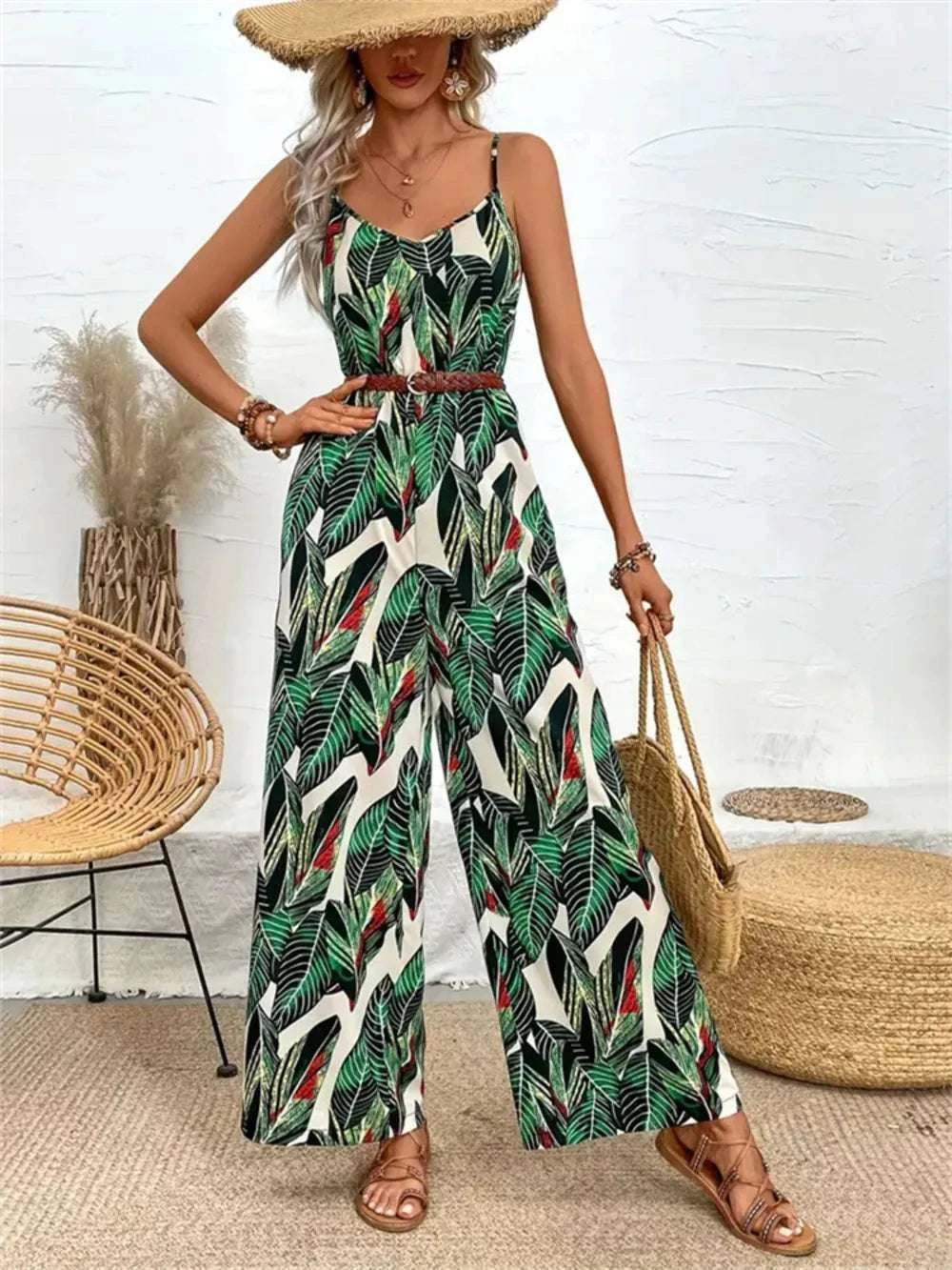 Tropical Print Spaghetti Strap Wide Leg Jumpsuit WESTCLOSET