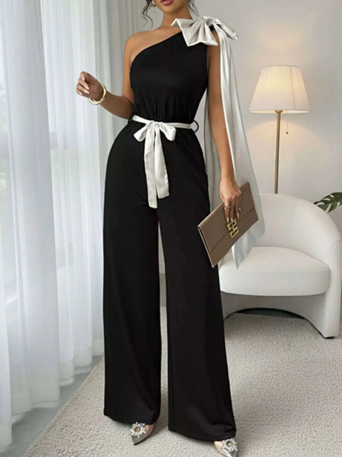 One-Shoulder Bowknot Wide Leg Jumpsuit WESTCLOSET