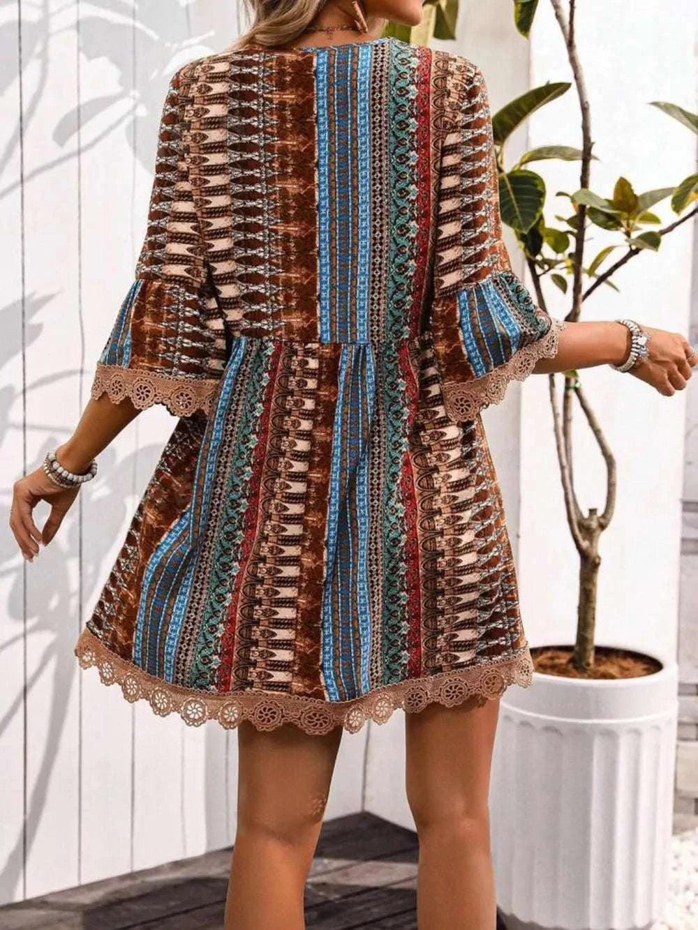 Lace Trim Printed V-Neck 3/4 Sleeve Dress WESTCLOSET