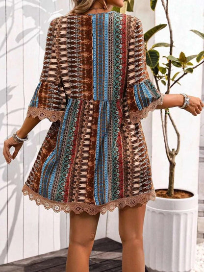 Lace Trim Printed V-Neck 3/4 Sleeve Dress WESTCLOSET