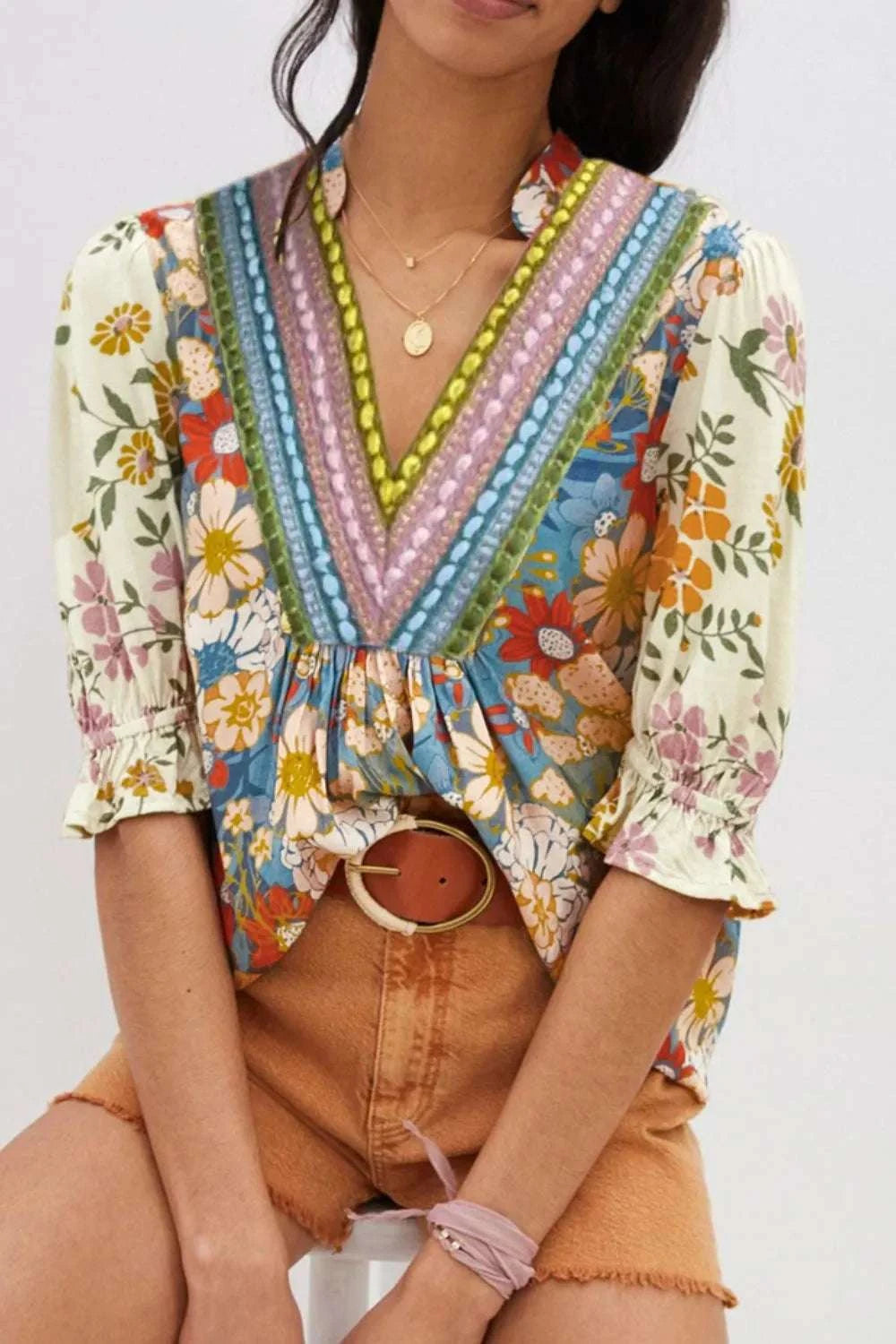 Multicolour Crochet V Neck Half Sleeve Boho Floral Blouse WESTCLOSET