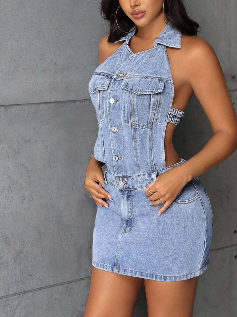 Backless Sleeveless Button Front Denim Mini Dress WESTCLOSET