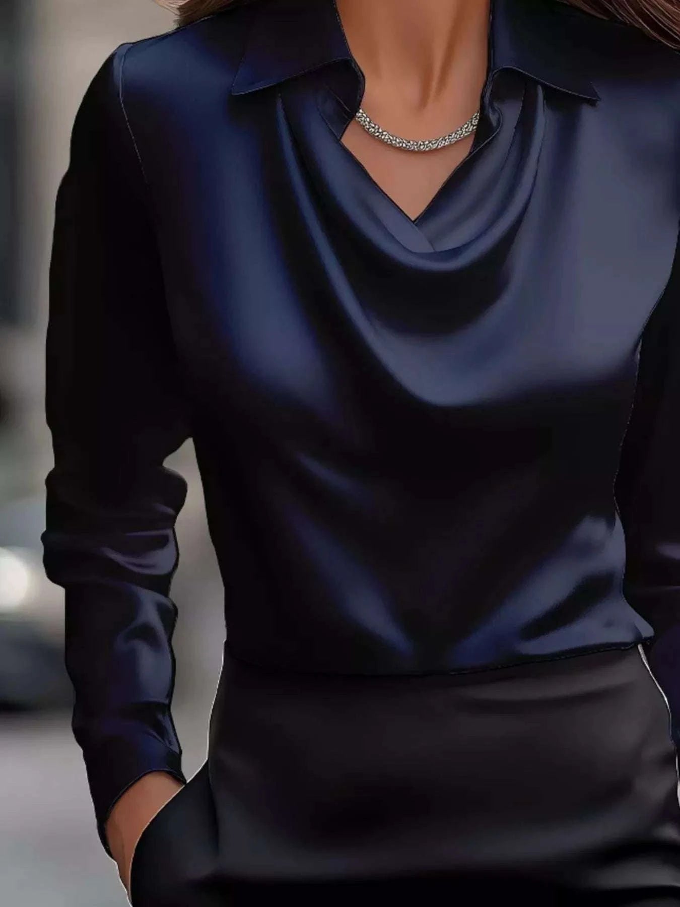 Full Size Satin Cowl Neck Long Sleeve Blouse Plus Size WESTCLOSET