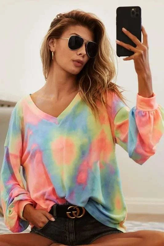 BiBi Tie Dye French Terry V Neck Top WESTCLOSET