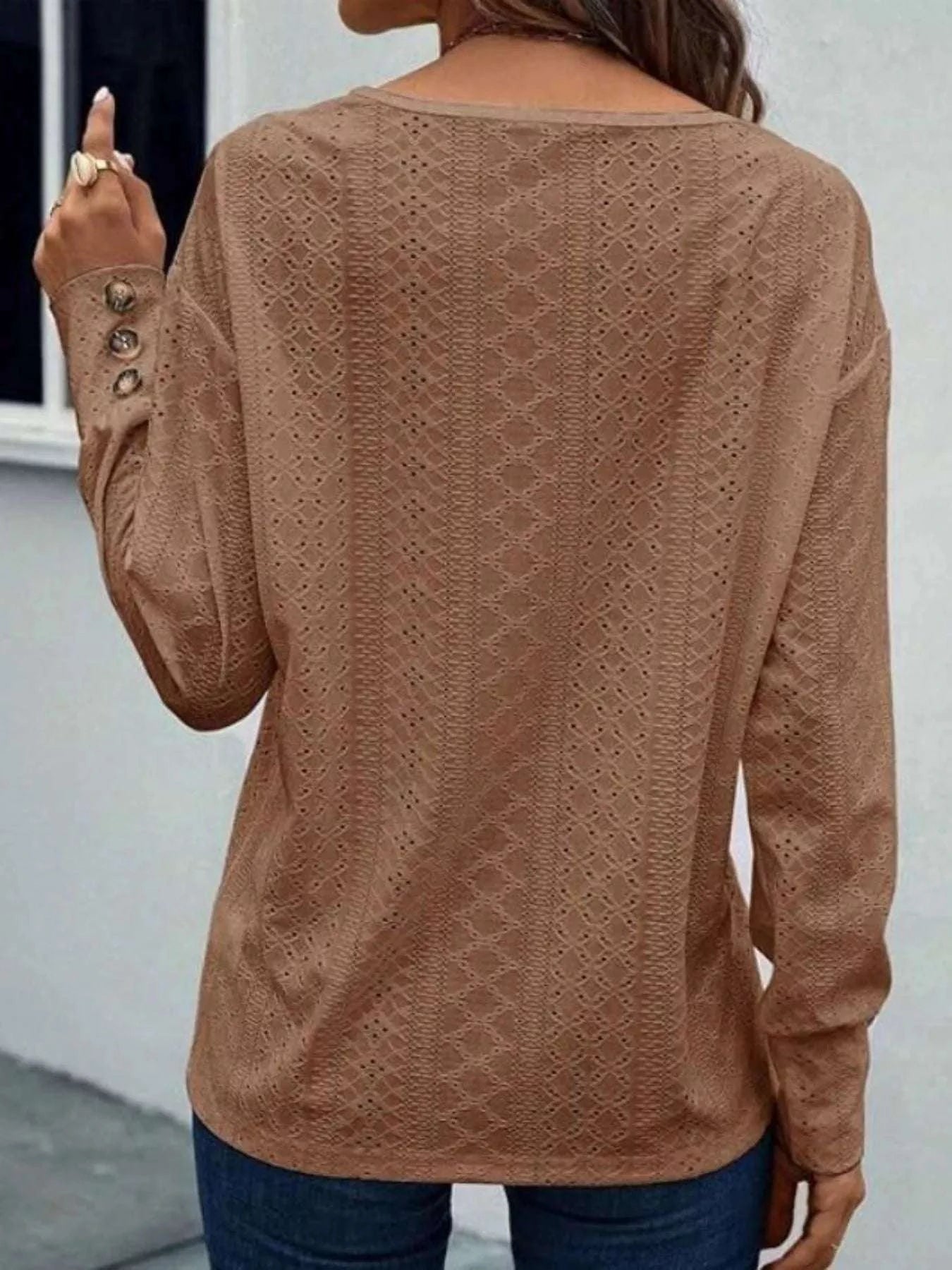 Eyelet V-Neck Long Sleeve T-Shirt WESTCLOSET