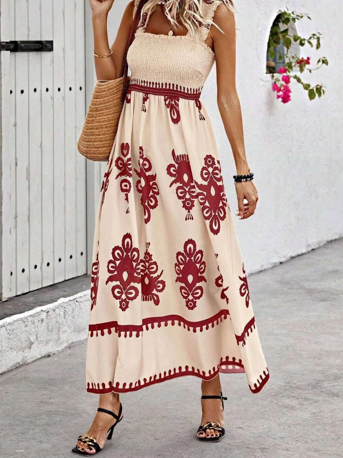 Smocked Printed Wide Strap Maxi Dress WESTCLOSET