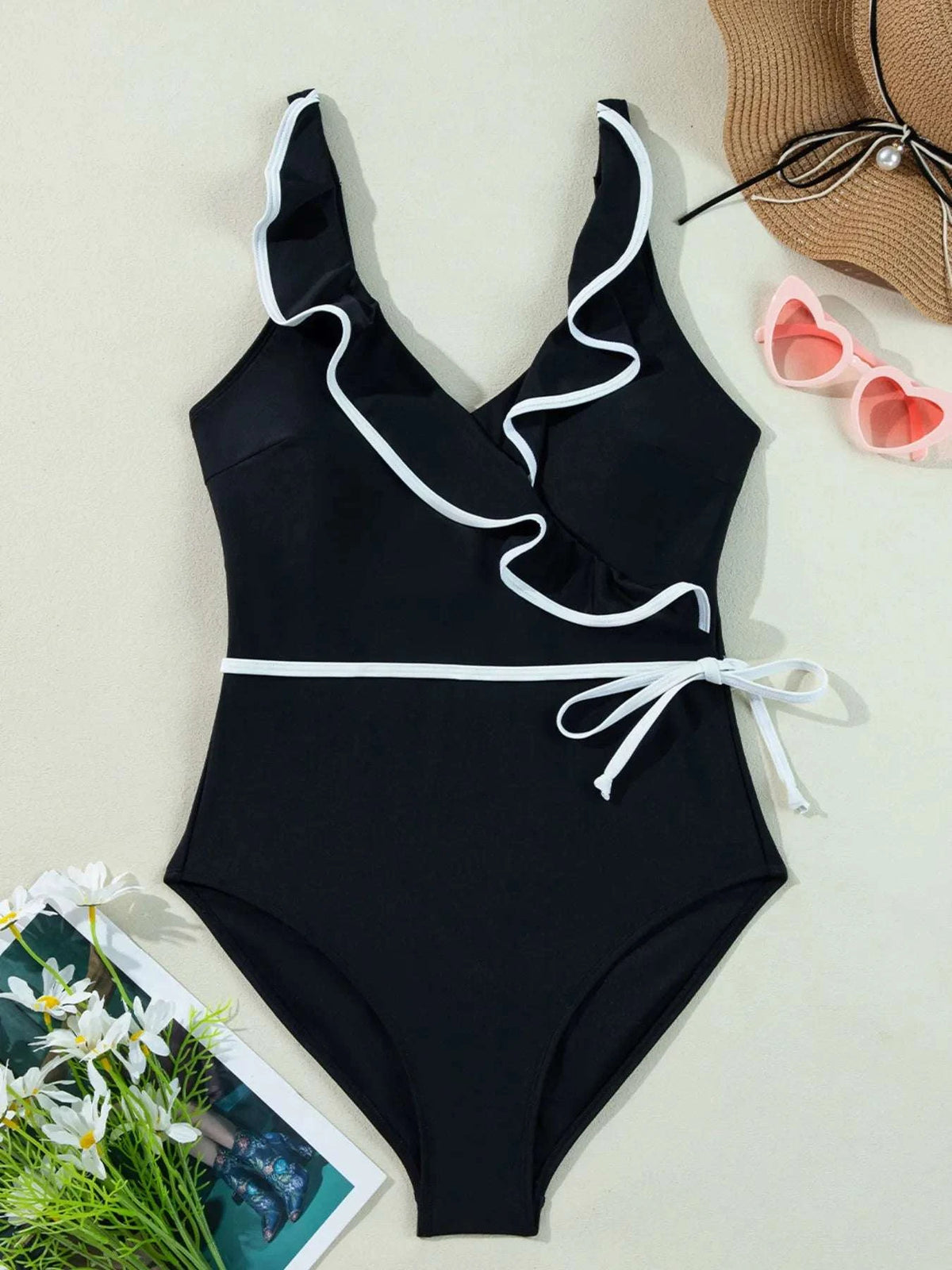 Ruffle Trim V-Neck One-Piece Swimsuit WESTCLOSET