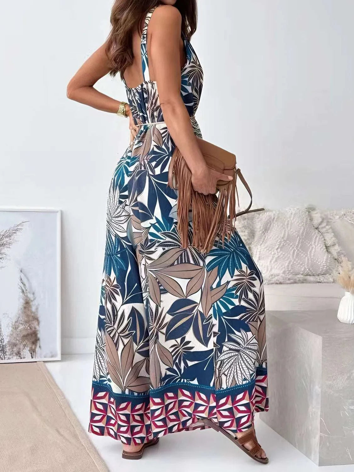 Printed V-Neck Wide Leg Jumpsuit WESTCLOSET