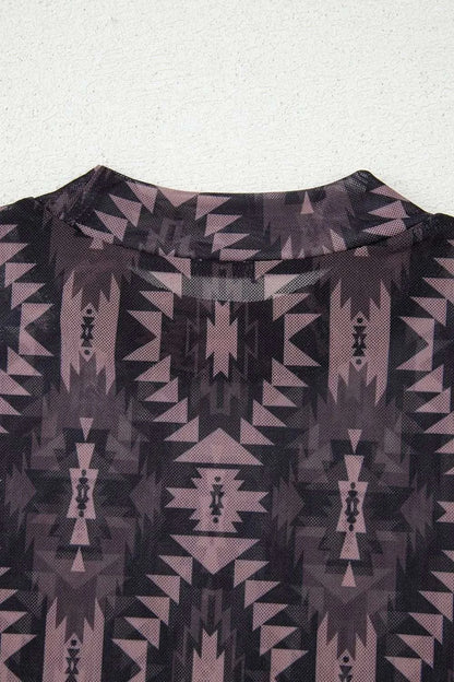 Aztec Print Mock Neck Short Sleeve Mesh T Shirt WESTCLOSET
