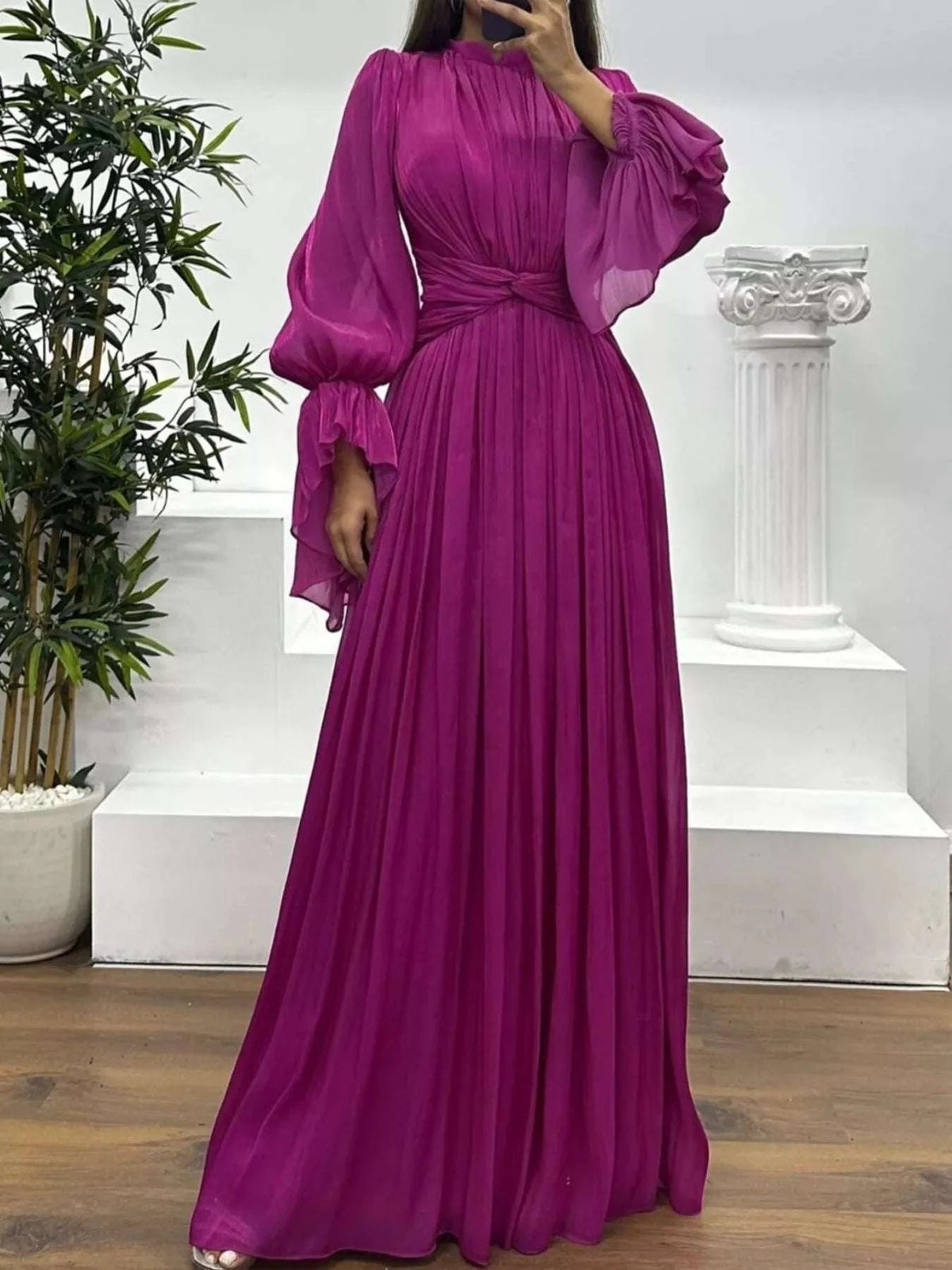 Pleated Mock Neck Long Sleeve Maxi Dress WESTCLOSET
