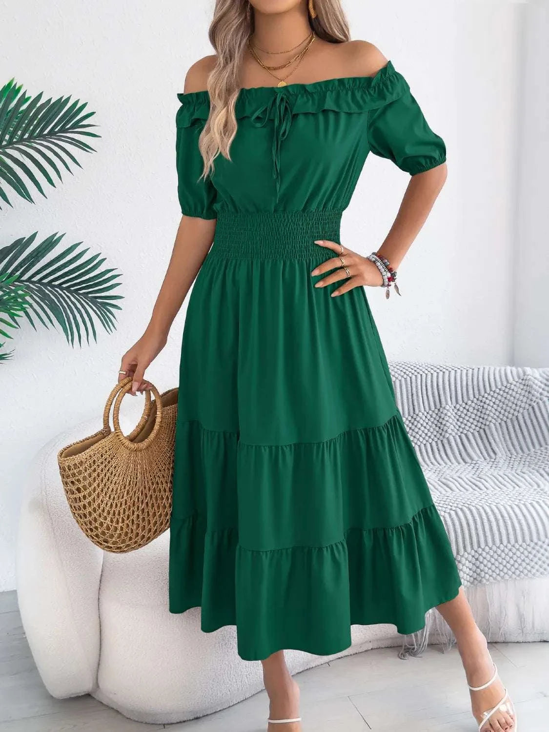 Smocked Off-Shoulder Tiered Dress WESTCLOSET
