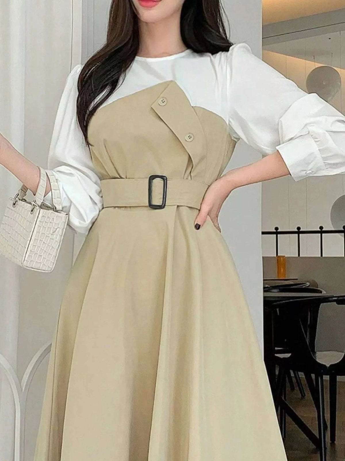 Contrast Long Sleeve Midi Dress with Belted WESTCLOSET