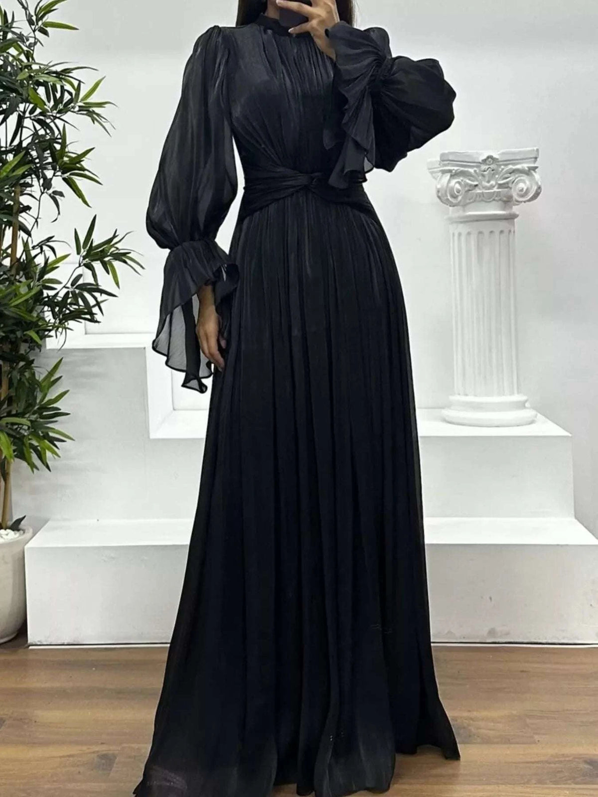 Pleated Mock Neck Long Sleeve Maxi Dress WESTCLOSET