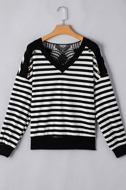 WestCloset Striped Lace Detail V Neck Top 