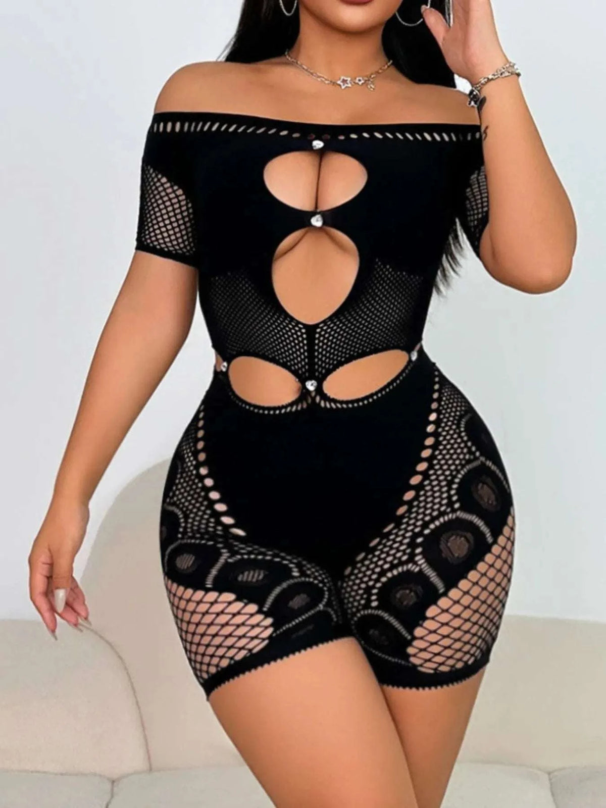 Cutout Off Shoulder Fishing Net Romper WESTCLOSET