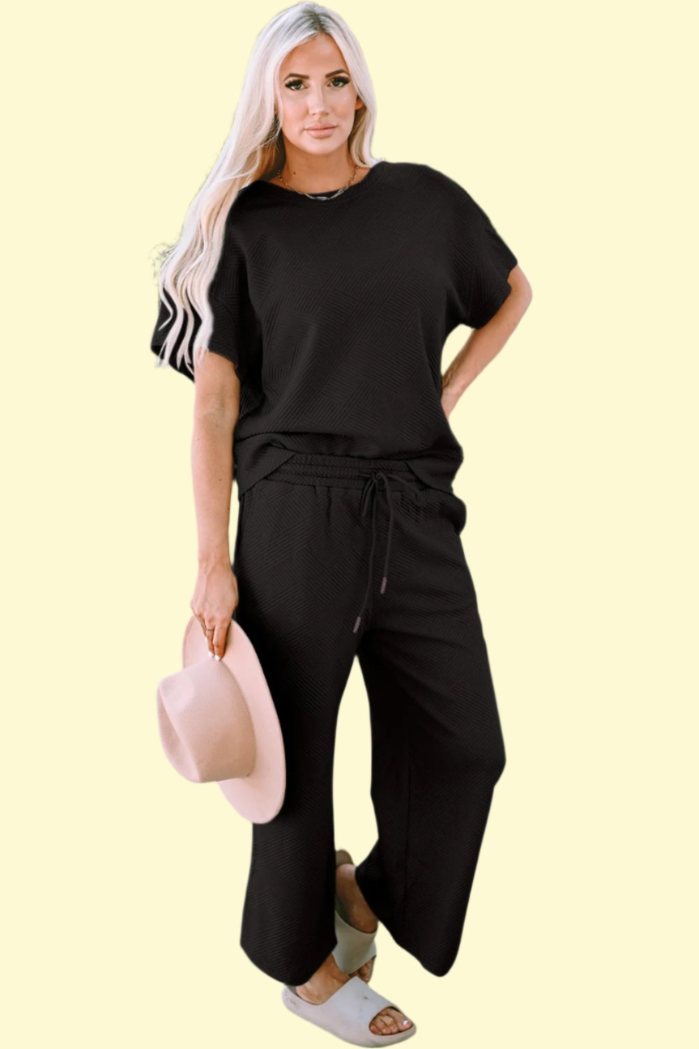 Black Full Size Texture Short Sleeve Top and Pants Set