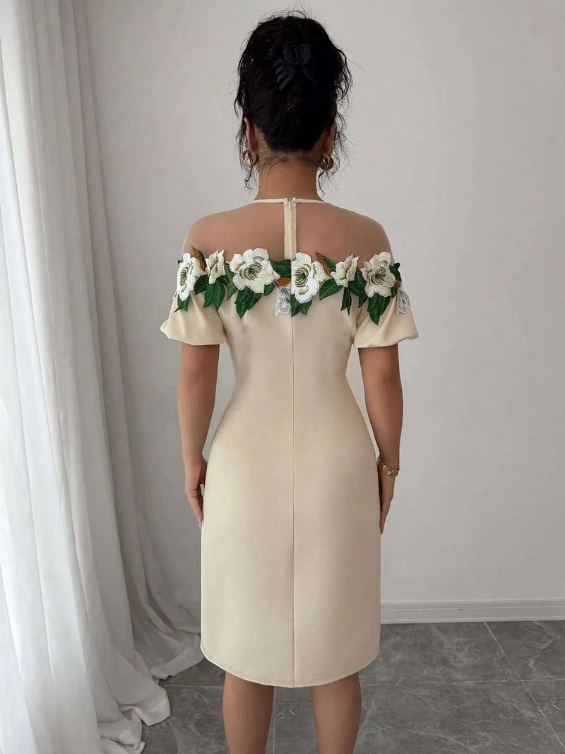 Floral Embroidered Puff Sleeve Dress with Mesh Shoulder WESTCLOSET