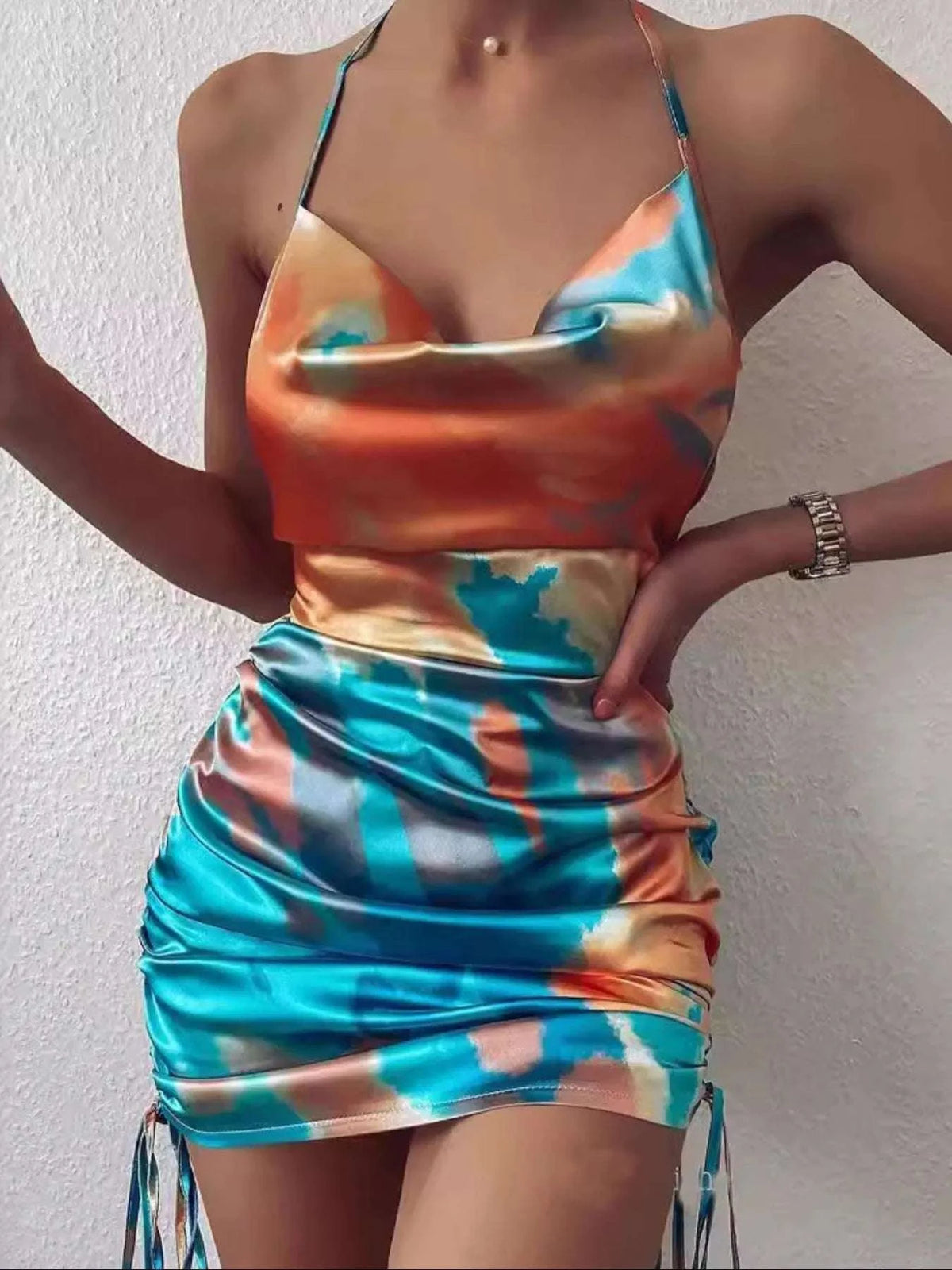 Tie-Dye Halter Ruched Mini Dress with Side Drawstring WESTCLOSET