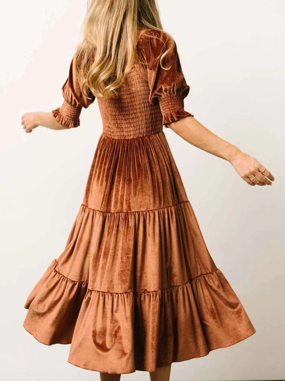 Velvet Smocked Tiered Midi Dress WESTCLOSET