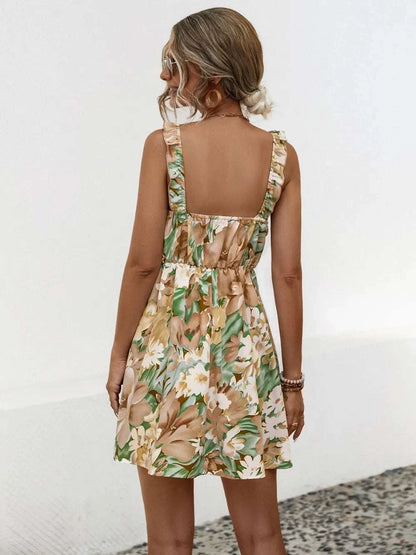 Printed Ruffled Surplice Wide Strap Mini Dress WESTCLOSET