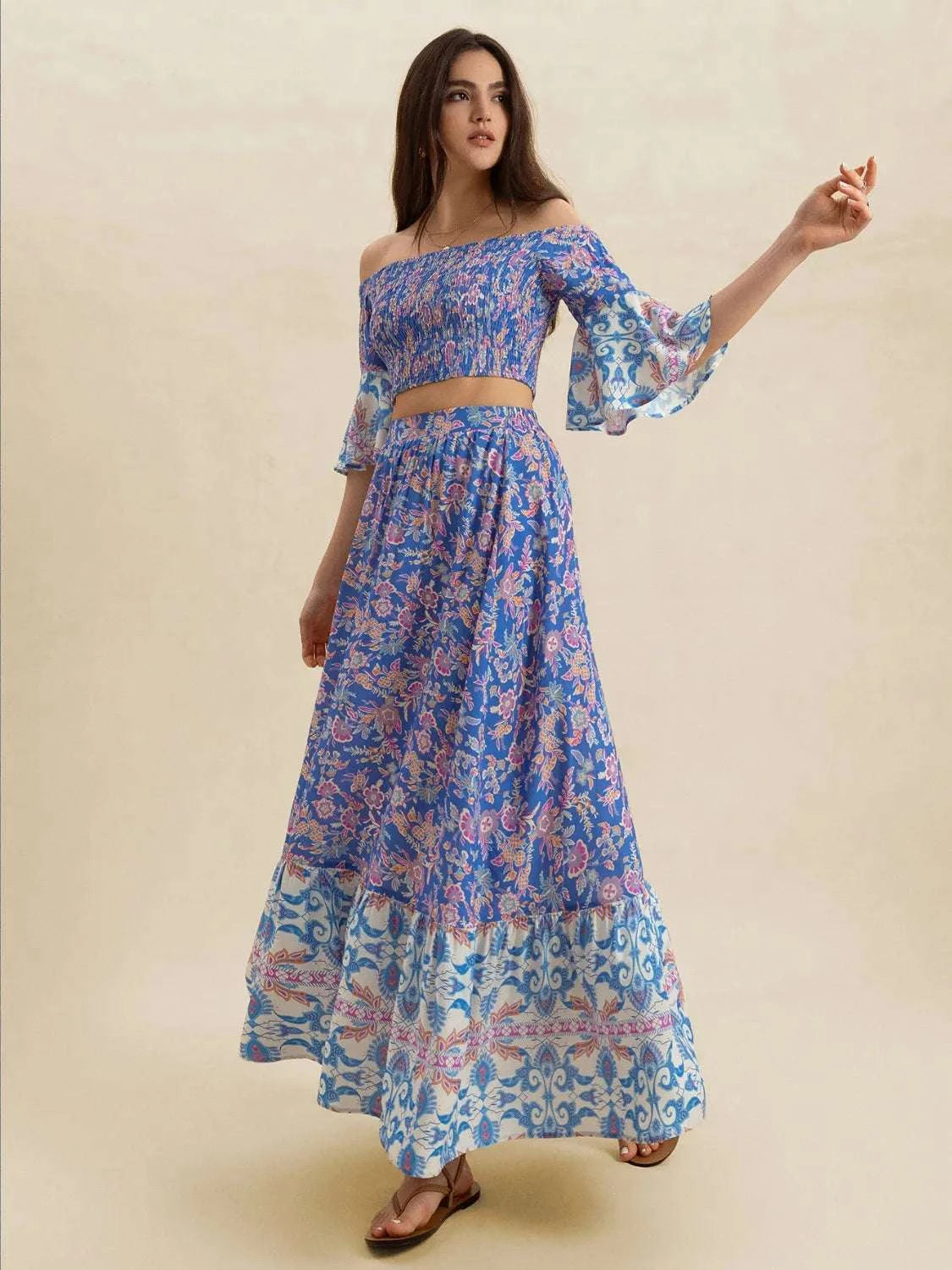 Smocked Off-Shoulder Printed Top and Skirt Set WESTCLOSET