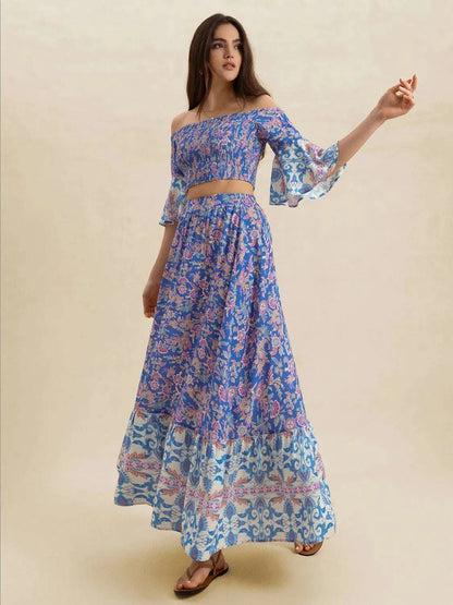 Smocked Off-Shoulder Printed Top and Skirt Set WESTCLOSET