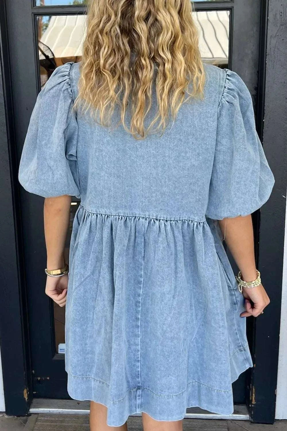 Bowknot Round Neck Half Sleeve Denim Dress WESTCLOSET