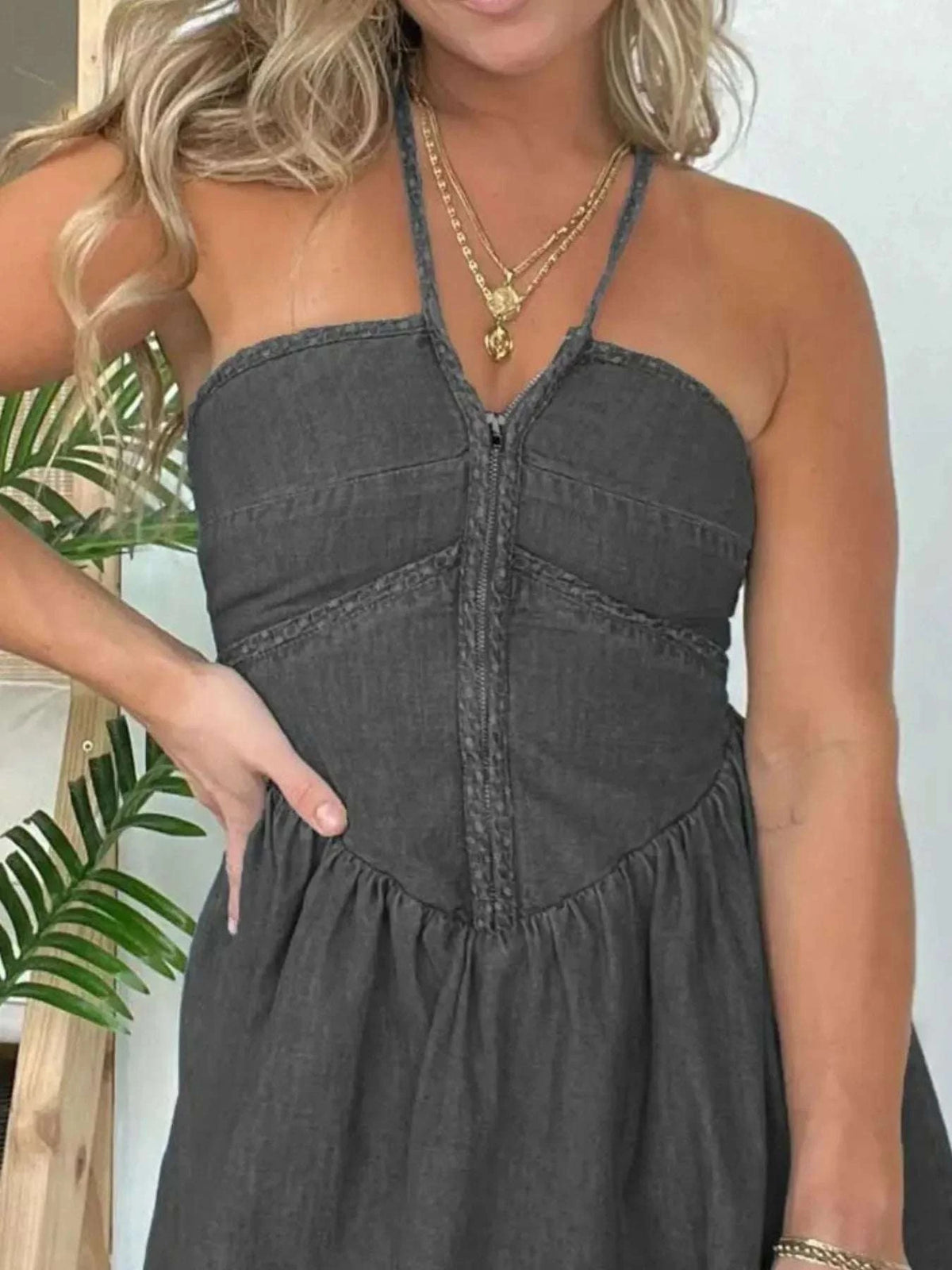 Full Size Lace Up Halter Neck Denim Dress Plus Size WESTCLOSET