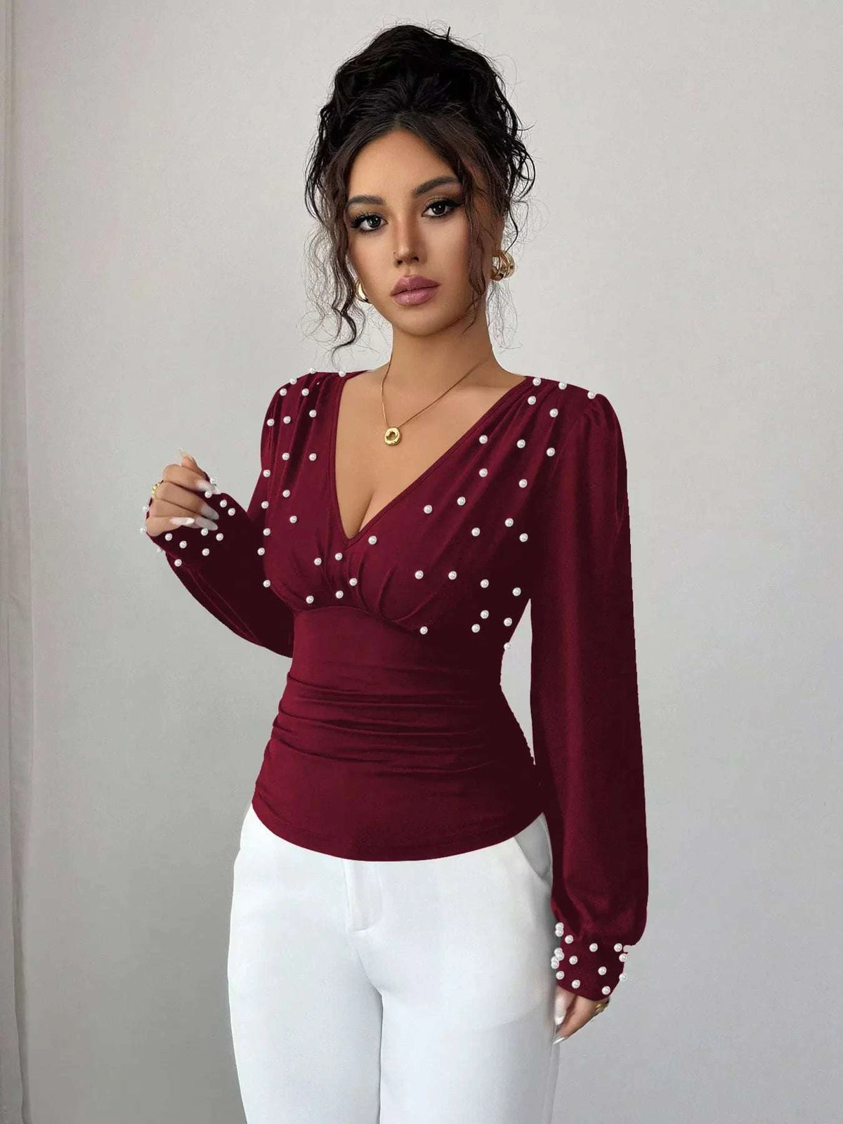 Pearl Embellished V-Neck Blouse WESTCLOSET
