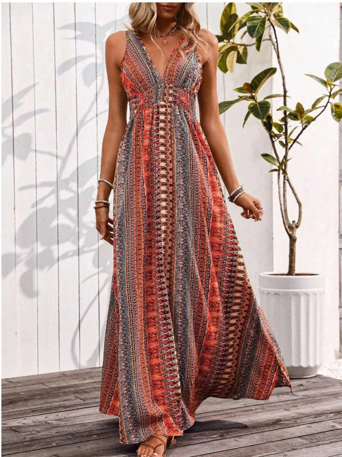 Tied Back Printed Sleeveless Maxi Slit Dress WESTCLOSET