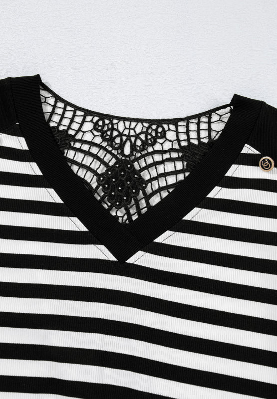 WestCloset Striped Lace Detail V Neck Top 